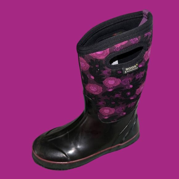 Youth Bogs K Classic Girls Water Color Boots Purple Pink Flowers Size 5 - Picture 1 of 7